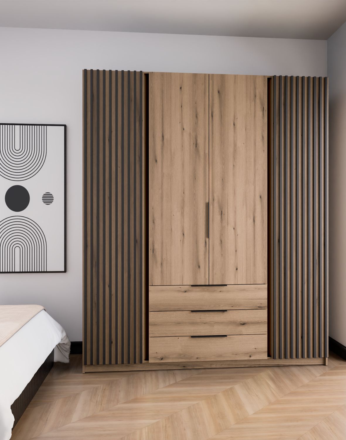 Szafa 4-drzwiowa z szufladami i lamelami Kaja EV/EV-BL 2LAM 2F3S Dąb Evoke, Lamele Czarne