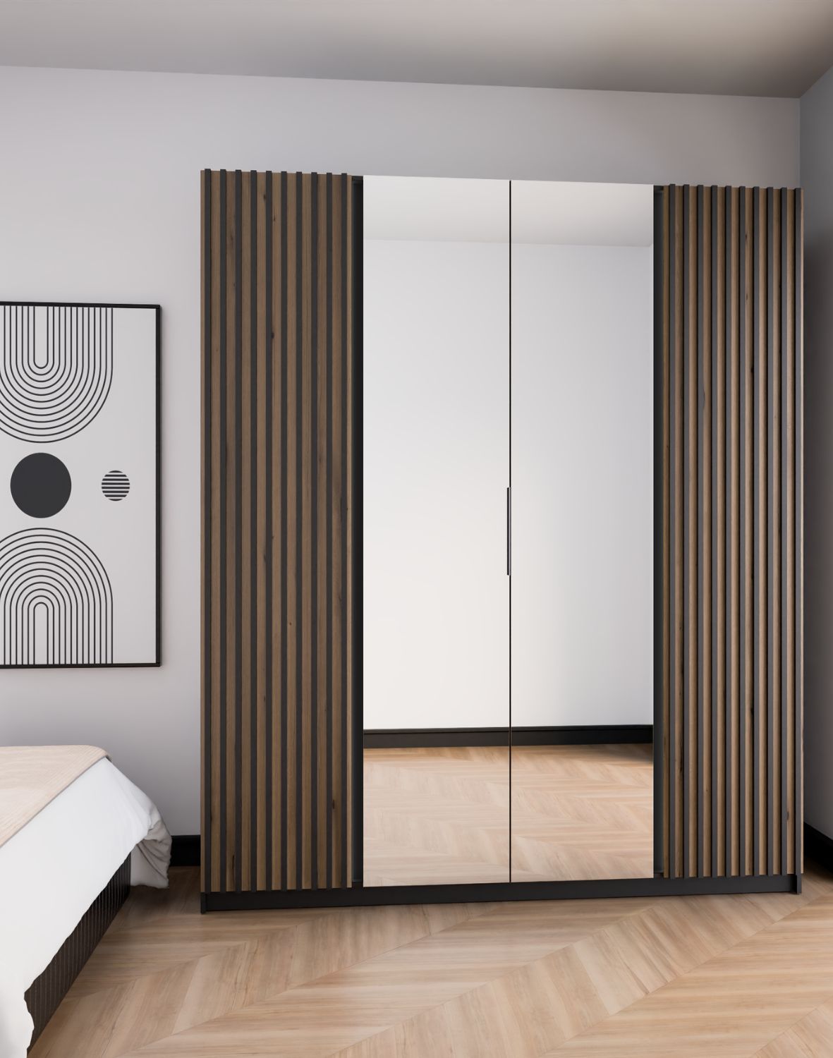 Szafa 4-drzwiowa z lustrami i lamelami Kaja BL/EV-BL 2LAM, 2 Lustro Dąb Evoke, Czarny