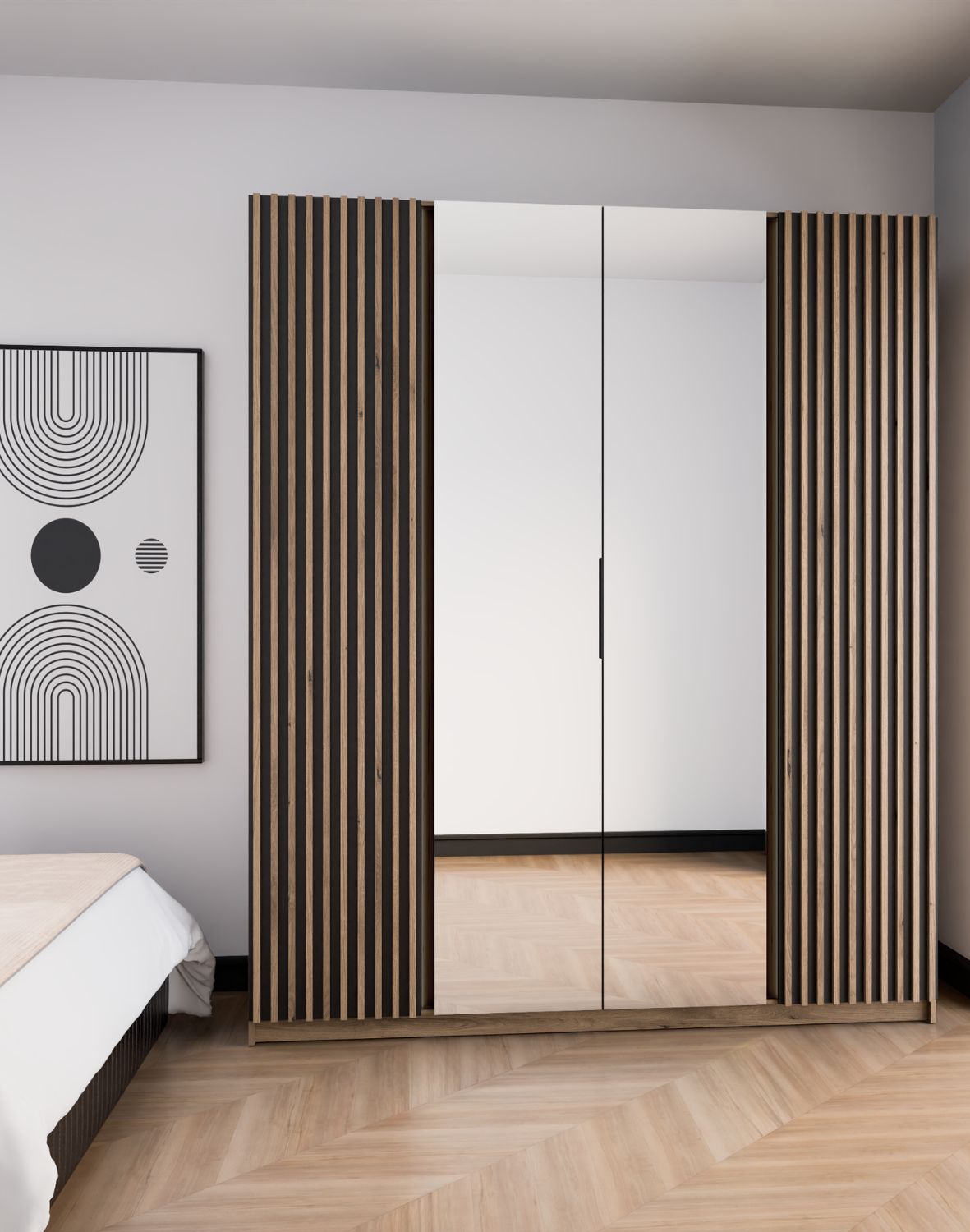 Szafa 4-drzwiowa z lustrami i lamelami Kaja EV/BL-EV 2LAM, 2 Lustro Czarne, Lamele Dąb Evoke