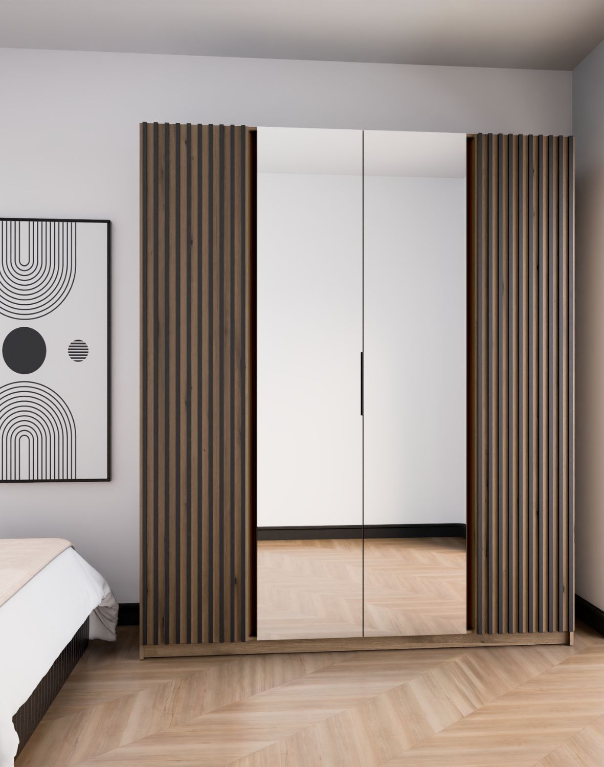 Szafa 4-drzwiowa z lustrami i lamelami Kaja EV/EV-BL 2LAM, 2 Lustro Dąb Evoke, Lamele Czarne