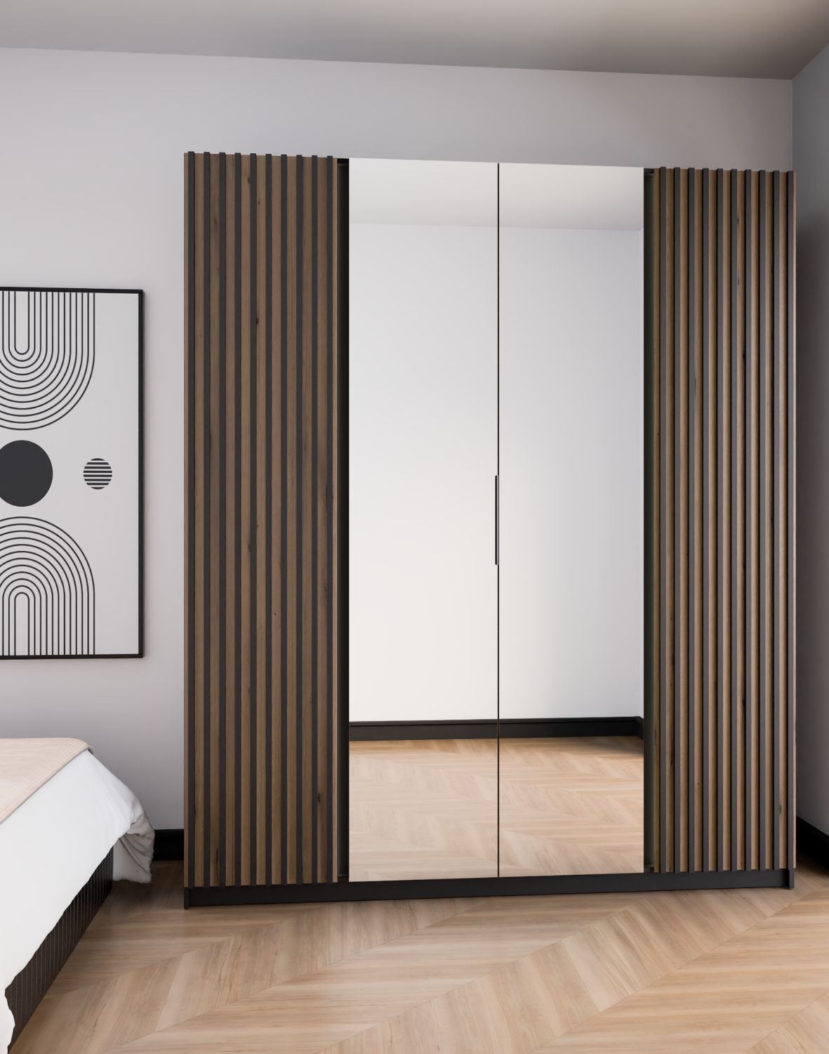 Szafa 4-drzwiowa z lustrami i lamelami Kaja BL/BL-EV 2LAM, 2 Lustro Czarny, Lamele Dąb Evoke