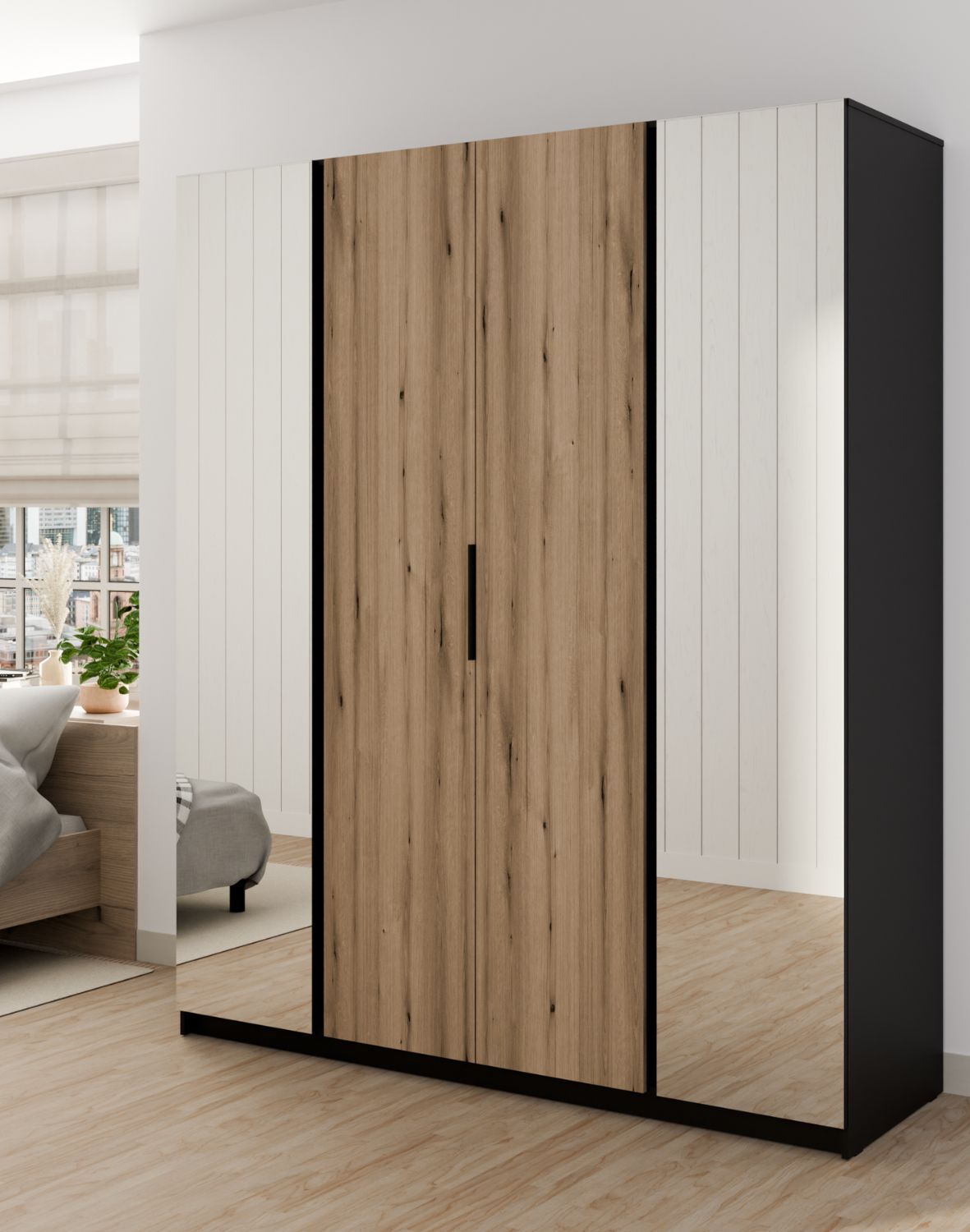 Szafa 4-drzwiowa z lustrami Kaja BL/EV 2 Lustro, 2F Dąb Evoke, Czarny