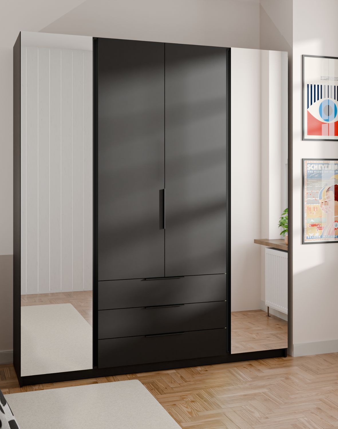 Szafa 4-drzwiowa z lustrami i szufladami Kaja Czarny (BL/BL, 2 lustro, 2F3S)