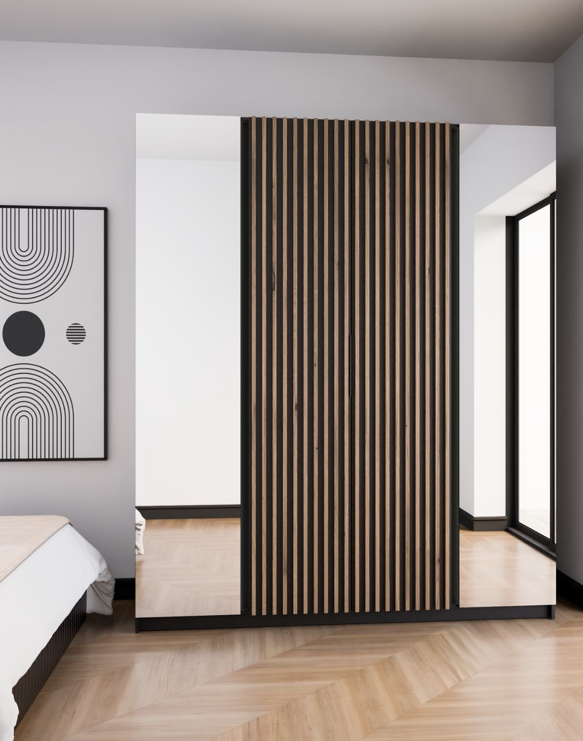 Szafa 4-drzwiowa z lustrami i lamelami Kaja BL/BL-EV 2 Lustro, 2LAM Dąb Evoke, Czarny