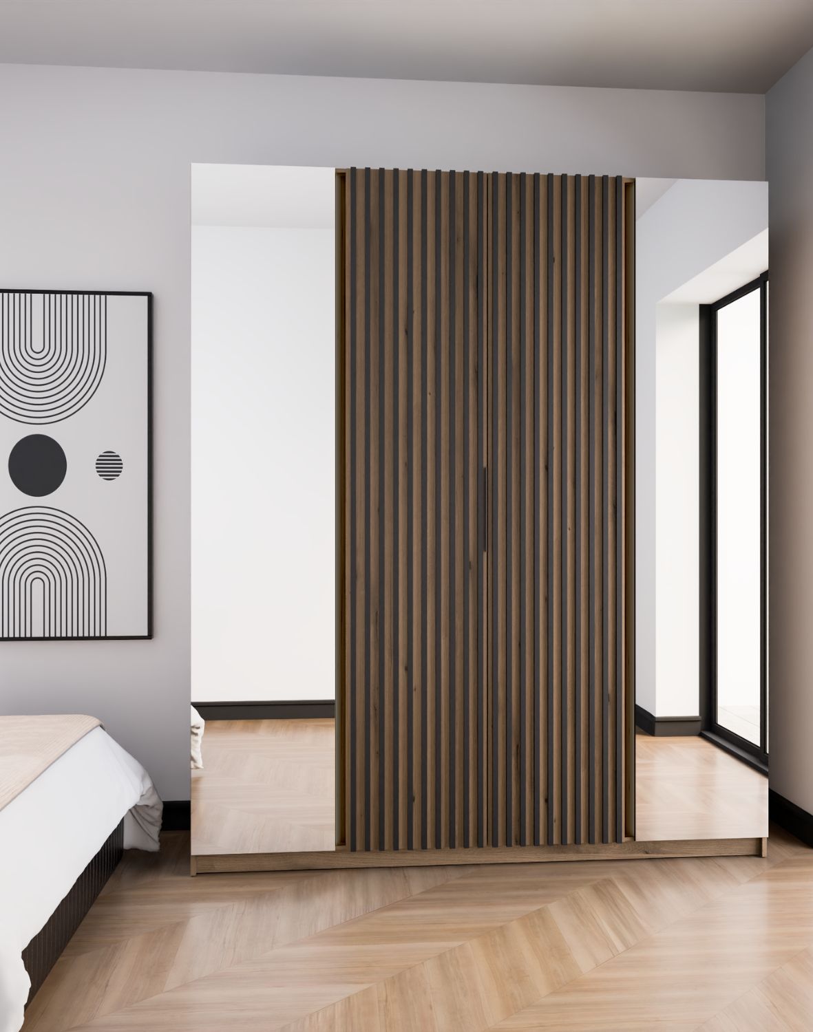 Szafa 4-drzwiowa z lustrami i lamelami Kaja EV/EV-BL 2 Lustro, 2LAM Dąb Evoke, Czarne Lamele