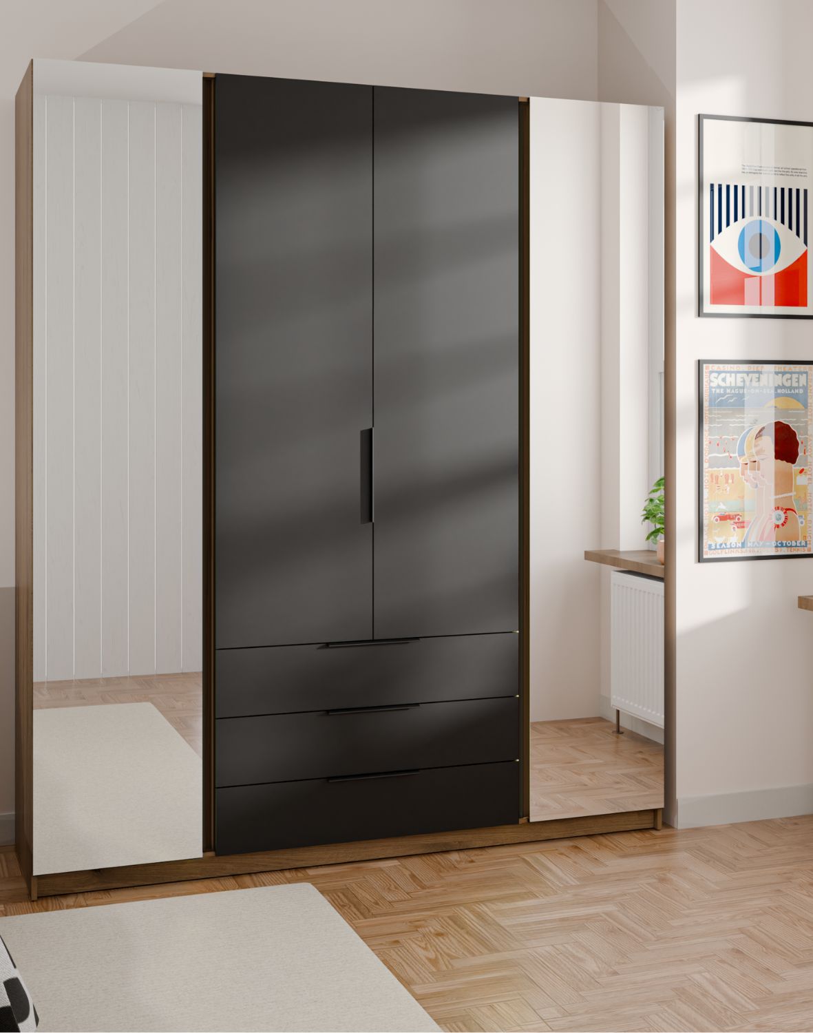 zafa 4-drzwiowa z lustrami i szufladami Kaja Czarna, Dąb Evoke (EV/BL, 2 lustro, 2F3S)