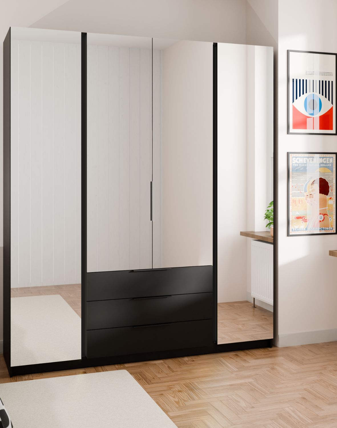 Szafa 4-drzwiowa z lustrami i szufladami Kaja BL/BL 4 Lustro, 3S Czarny