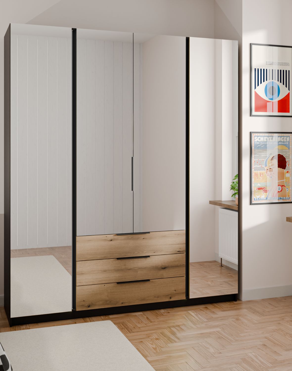 Szafa 4-drzwiowa z lustrami i szufladami Kaja BL/EV 4 Lustro, 3S Czarny, Dąb Evoke