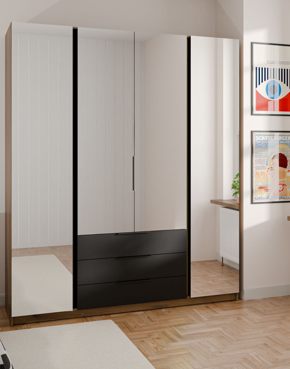 Szafa 4-drzwiowa z lustrami i szufladami Kaja EV/BL 4 Lustro, 3S Czarna, Dąb Evoke