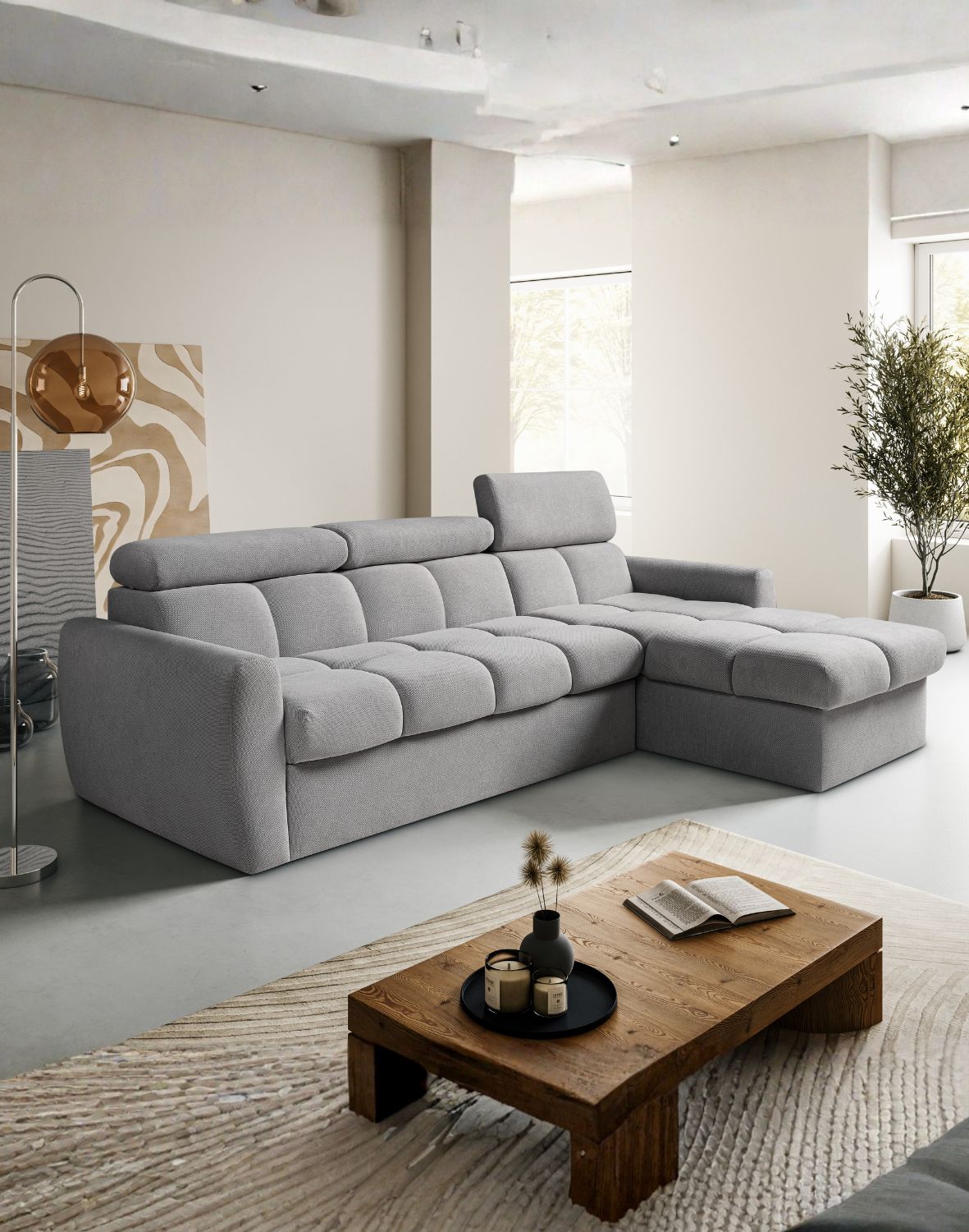 szary narożnik do salonu z funkcją spania bueno