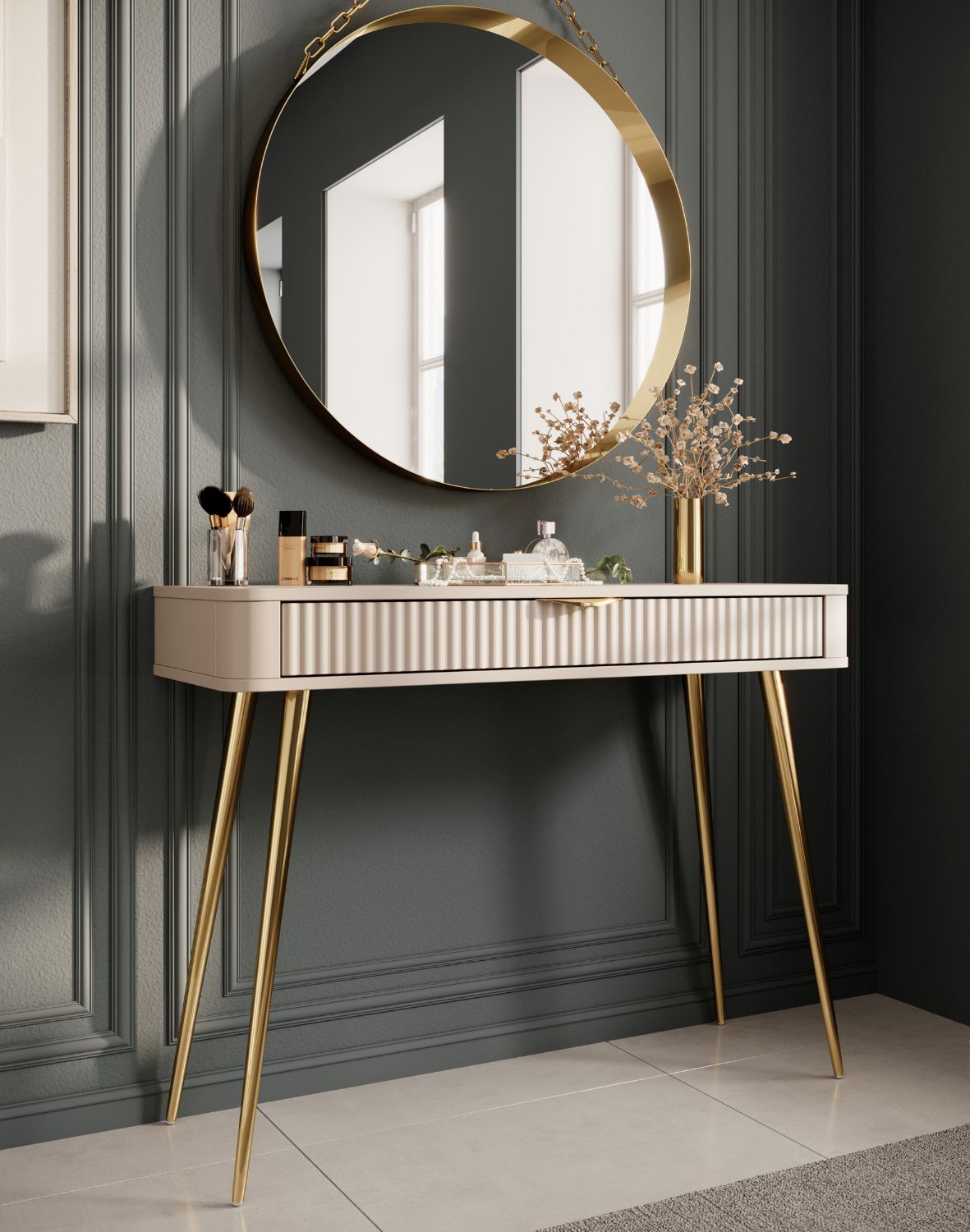 beżowa toaletka do sypialni na złotych nóżkach lante j