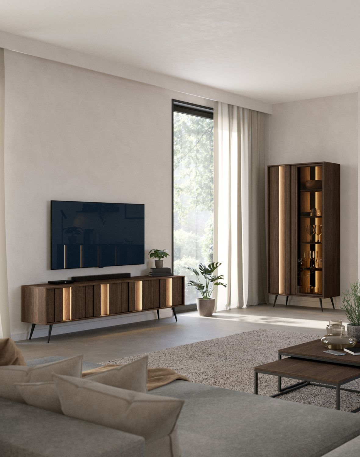 wysoka witryna do salonu amaro dąb dunin z oświetleniem led