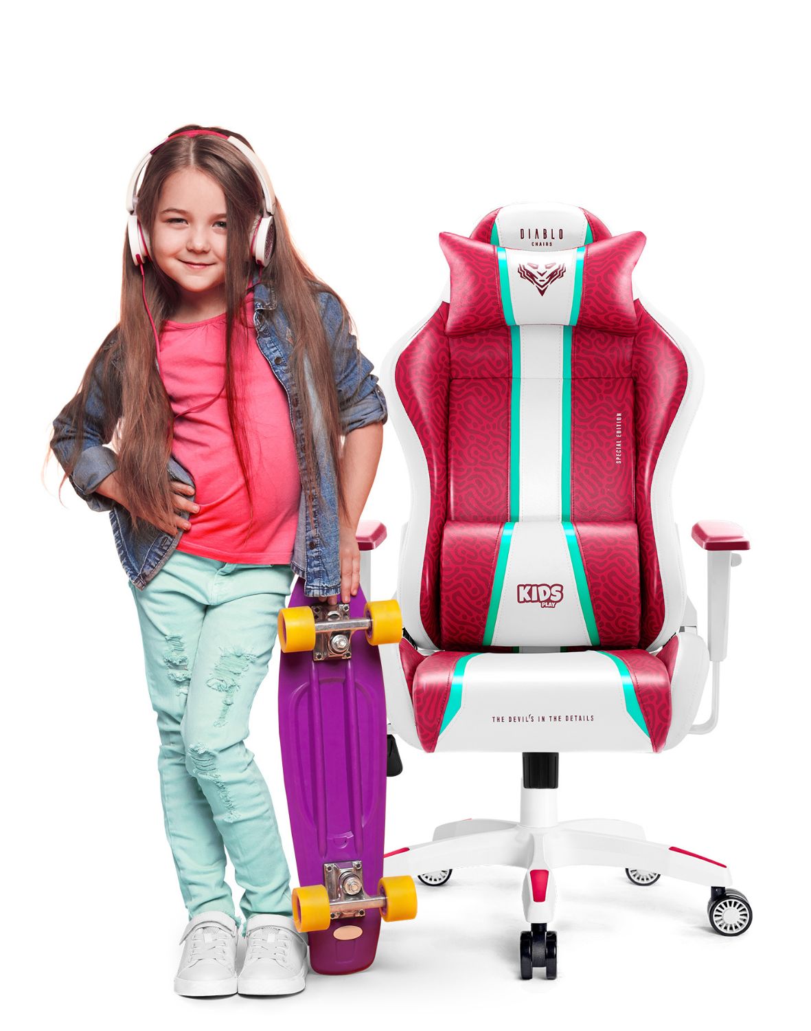fotel gamingowy diablo-x-one kids dla dzieci candy rose biało-różowy