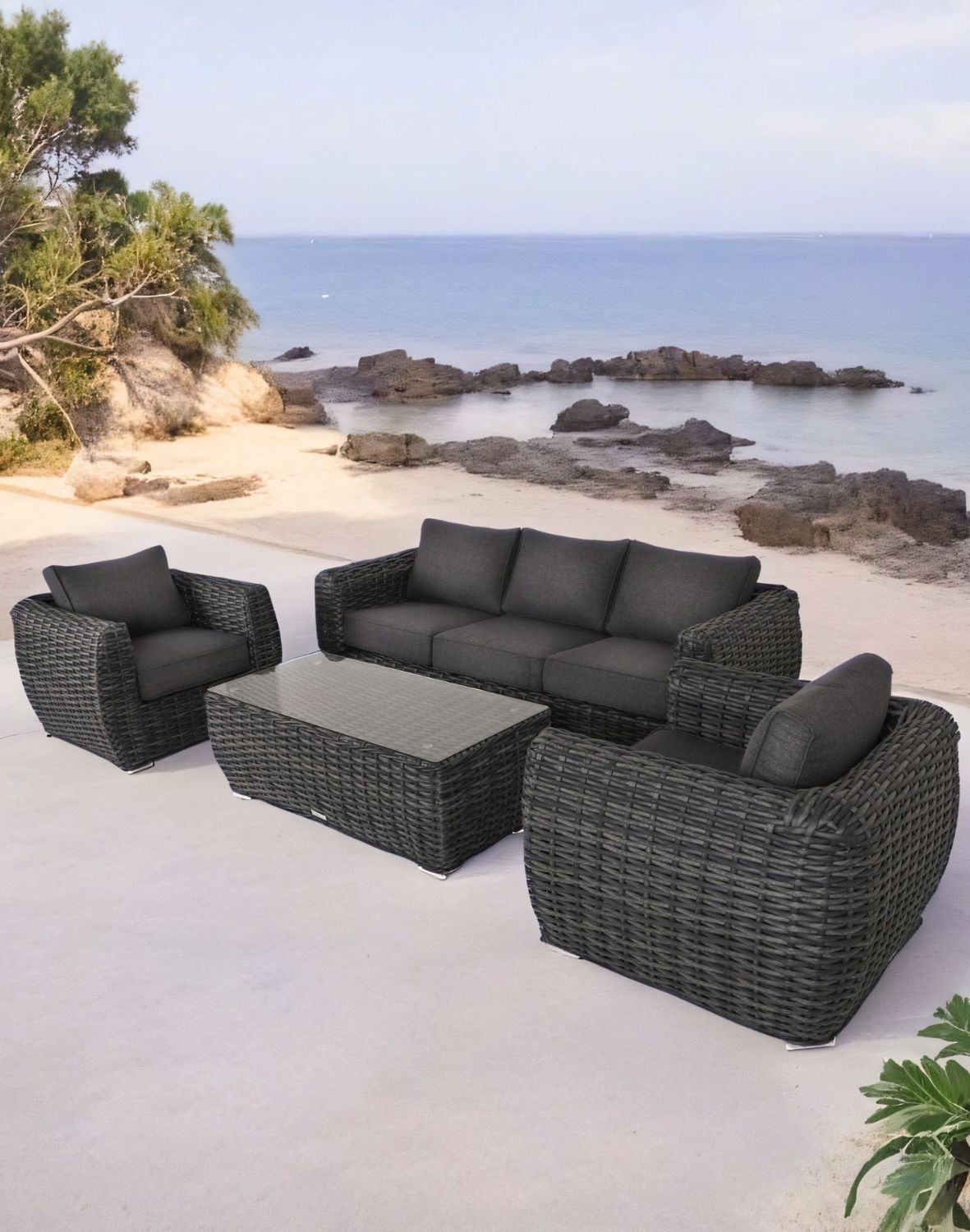 szary zestaw ogrodowy wypoczynkowy premium korfu z sofą i fotelami