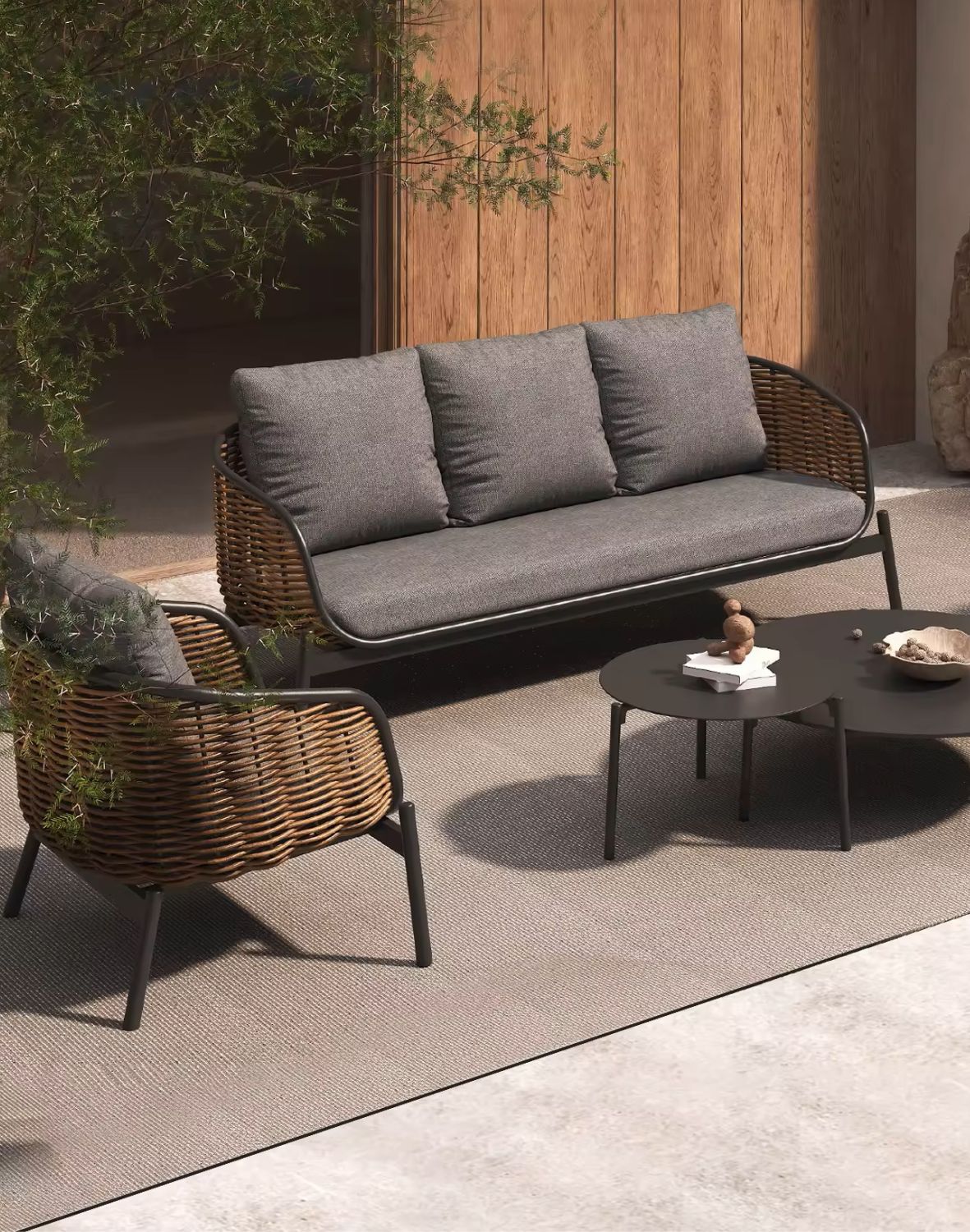 zestaw ogrodowy wypoczynkowy borneo z sofą, fotelami i stolikami