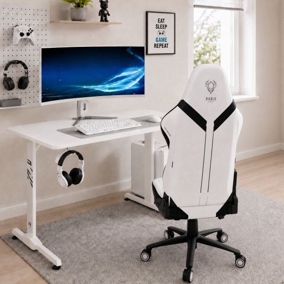 Biurko gamingowe z uchwytem na słuchawki i kubek białe, 100 cm: Diablo X-Mate 1000 13