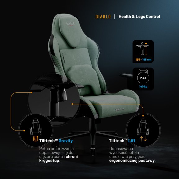 Fotel gamingowy zielony z chłodzącym siedziskiem, Normal Size: Diablo X-One Prime Ghotic Green 3