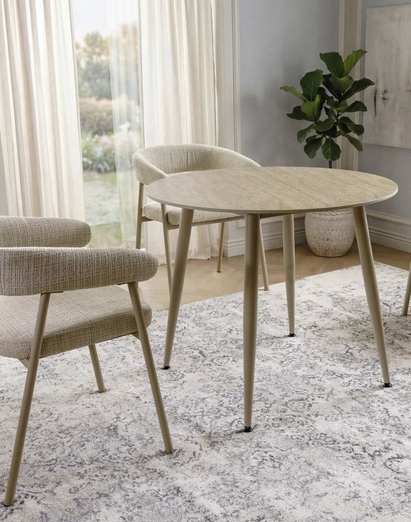 Stół okrągły Rion 90 cm – ceramika Travertine, beż, kaszmir
