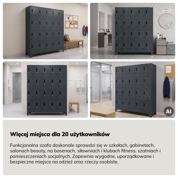 Szafa skrytkowa socjalna 20-skrytkowa na nóżkach antracytowa, 1360x1720x450 mm: ROBERT 9