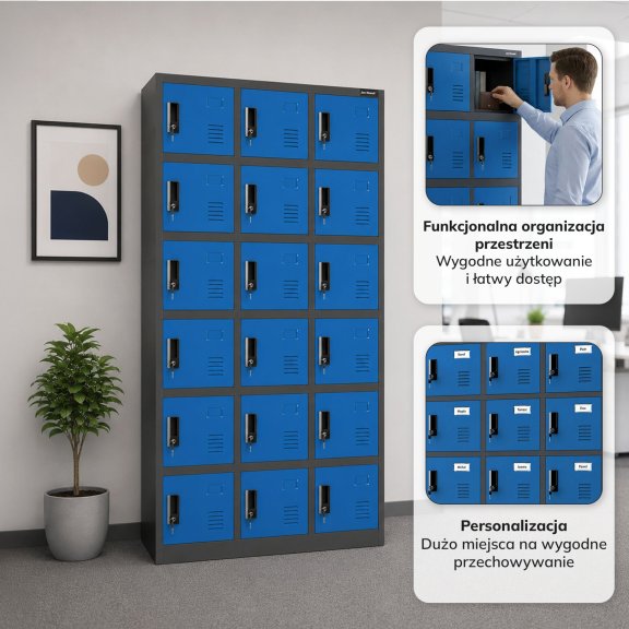 Szafka pracownicza skrytkowa 18-skrytkowa antracytowo-niebieska, 900x1850x400 mm: KAROL 4