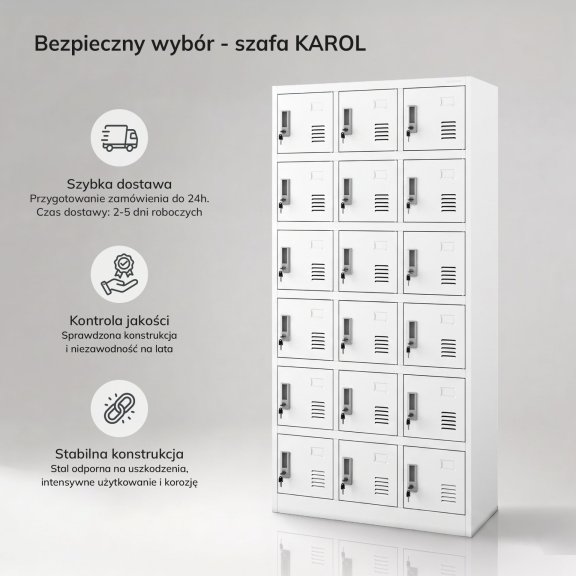 Szafka pracownicza skrytkowa 18-skrytkowa biała, 900x1850x400 mm: KAROL 8
