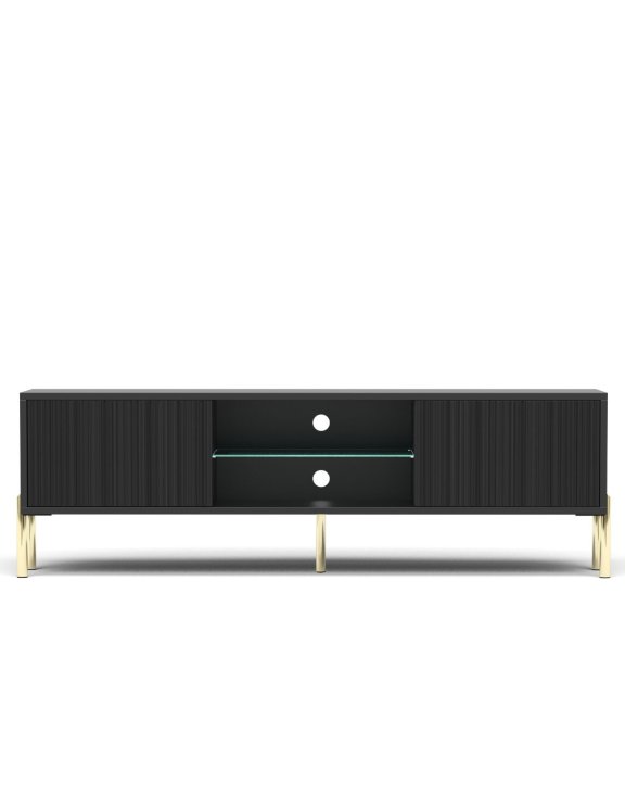 Szafka RTV Oslo czarna 135 cm ryflowany front, złote nóżki, nowoczesna