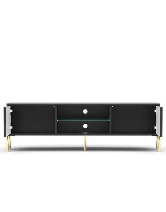 Szafka RTV Oslo czarna 135 cm ryflowany front, złote nóżki, nowoczesna
