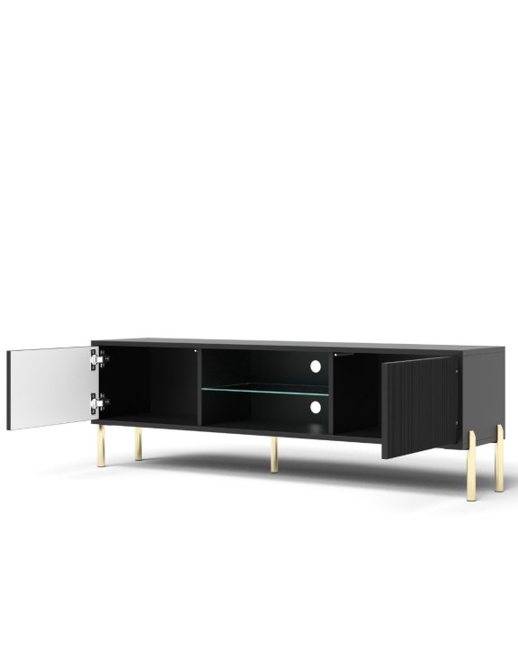 Szafka RTV Oslo czarna 135 cm ryflowany front, złote nóżki, nowoczesna