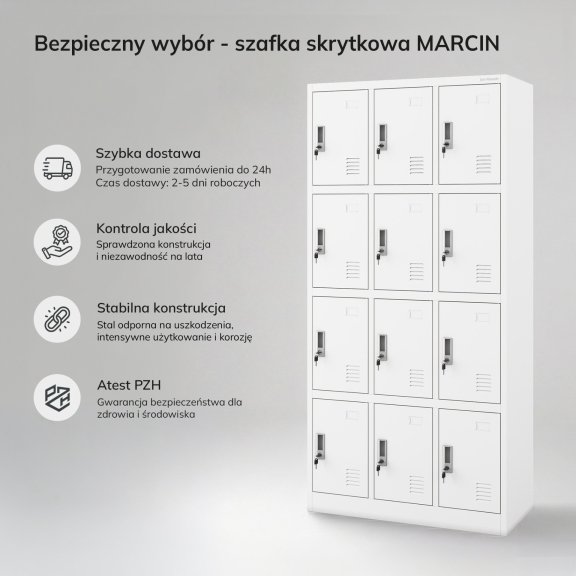 Szafka skrytkowa socjalna 12-skrytkowa biała, 900x1850x400 mm: MARCIN 8
