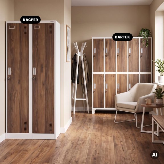 Szafka ubraniowa pracownicza czterokomorowa biała/orzech, 800x1800x500 mm: KACPER Eco Design 3