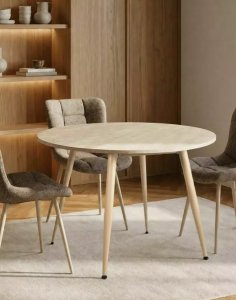 Stół okrągły Rion 90 cm – ceramika Travertine, beż, kaszmir