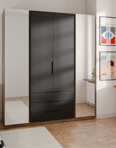 zafa 4-drzwiowa z lustrami i szufladami Kaja Czarna, Dąb Evoke (EV/BL, 2 lustro, 2F3S)