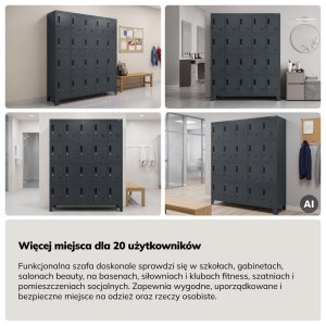 Szafa skrytkowa socjalna 20-skrytkowa na nóżkach antracytowa, 1360x1720x450 mm: ROBERT 9