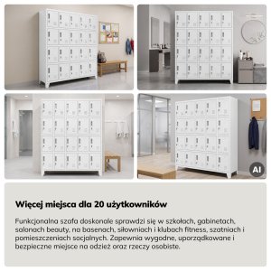 Szafa skrytkowa socjalna 20-skrytkowa na nóżkach biała, 1360x1720x450 mm: ROBERT 9