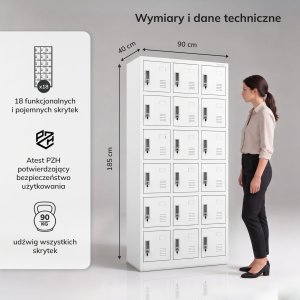 Szafka pracownicza skrytkowa 18-skrytkowa biała, 900x1850x400 mm: KAROL 5