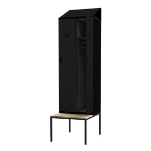Szafka pracownicza ubraniowa wąska z ławką i daszkiem czarna, 600x2295x850 mm: KACPER II PRO 2