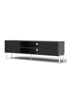 Szafka RTV Oslo czarna 135 cm ryflowany front, złote nóżki, nowoczesna