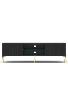 Szafka RTV Oslo czarna 135 cm ryflowany front, złote nóżki, nowoczesna