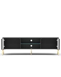 Szafka RTV Oslo czarna 135 cm ryflowany front, złote nóżki, nowoczesna