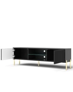 Szafka RTV Oslo czarna 135 cm ryflowany front, złote nóżki, nowoczesna
