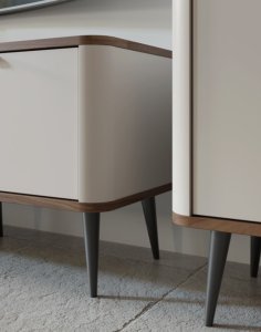 witryna do salonu, kaszmir i orzech, metalowe nóżki, ryflowane szkło